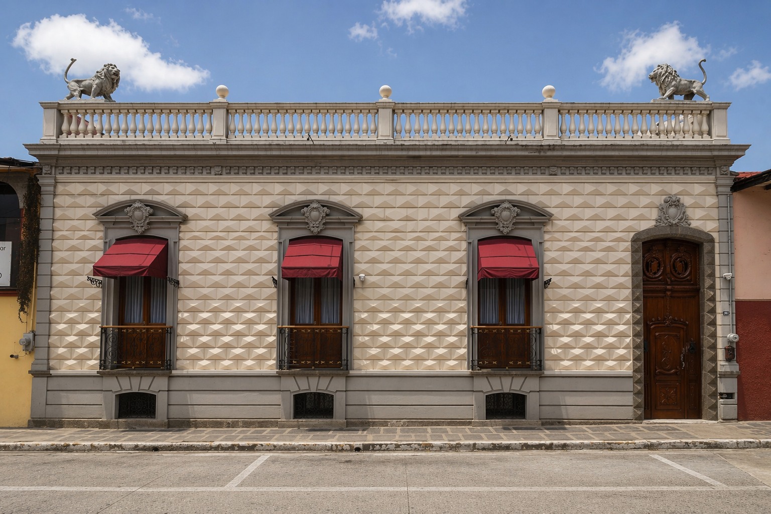 Fachada de Casa de los Leones con relieves geométricos de cantera y balcones con toldos rojos